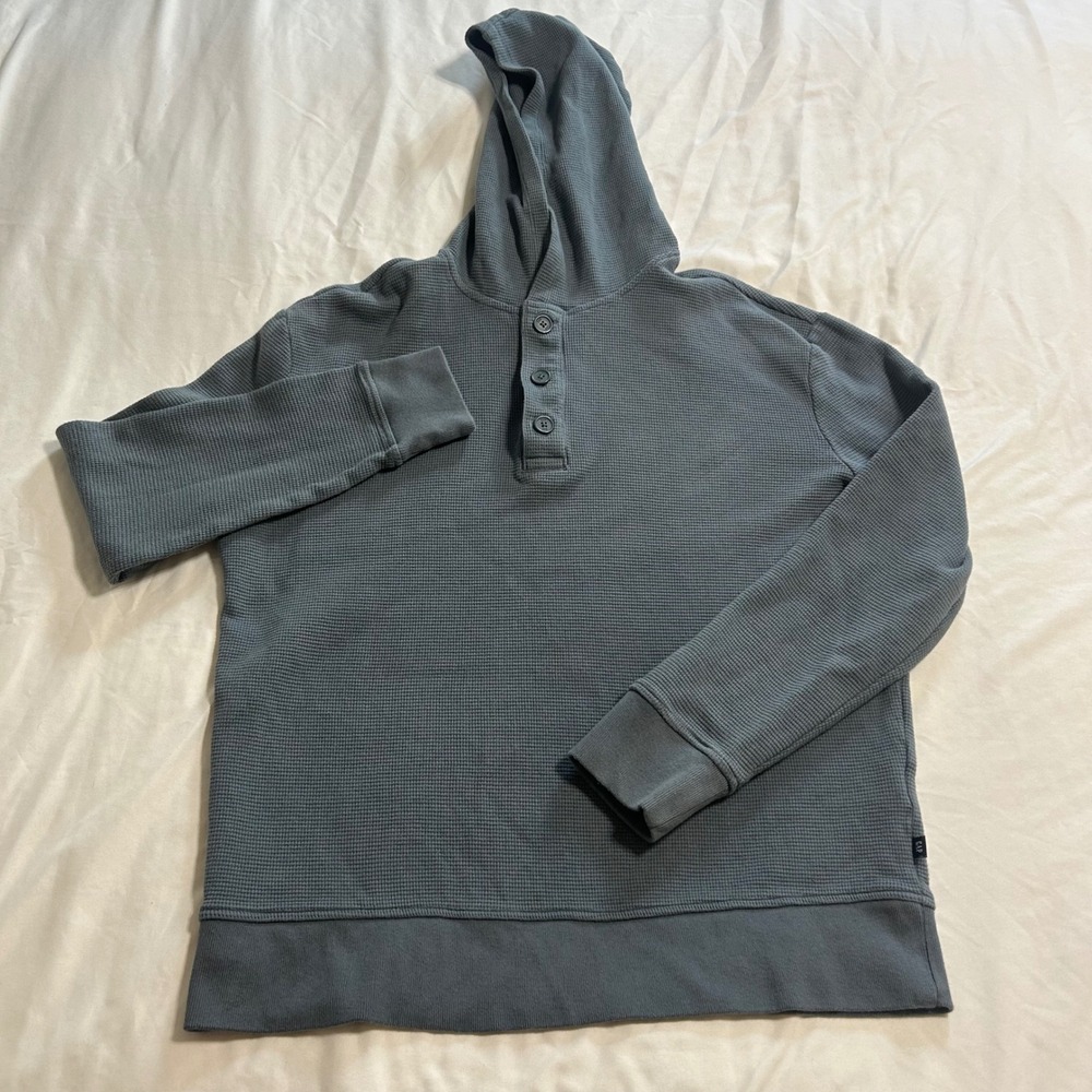 Gap Mens Waffle Knit Henley Hoodie Slate Blue Gray Thermal Long Sleeve Small